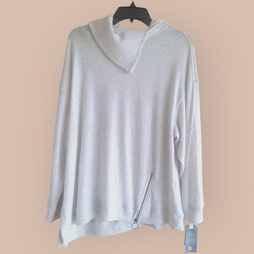 Democracy Cowl Neck Zip Hem Sweater Oat Beige Large NWT